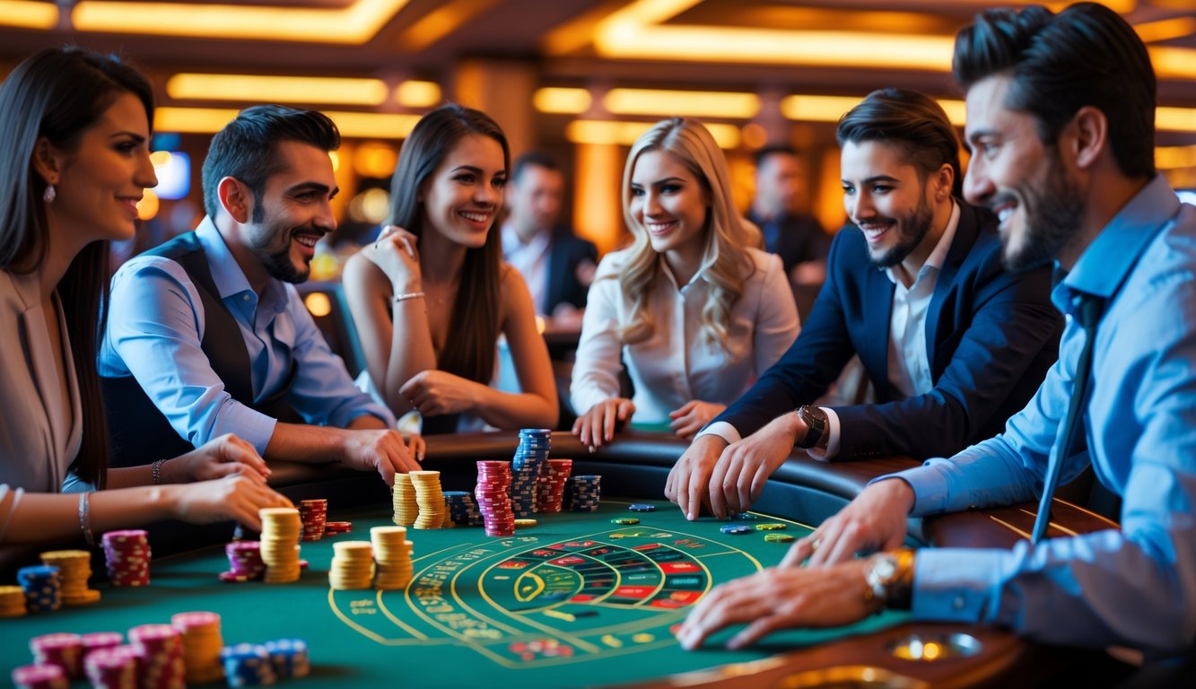 Beberapa orang bermain berbagai permainan meja di kasino dengan suasana ramai dan penuh semangat.