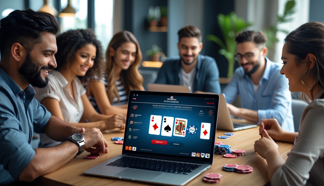 Sejumlah orang bermain poker online menggunakan laptop dan ponsel di ruangan modern dengan pencahayaan alami.