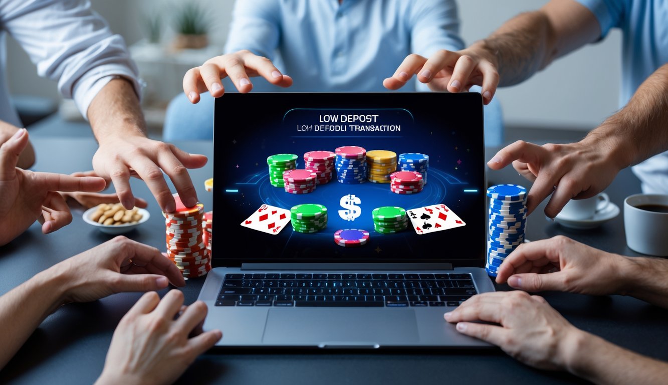 Sebuah meja dengan komputer menampilkan permainan poker online, dikelilingi oleh tangan pemain yang sedang bermain kartu dan chip poker.