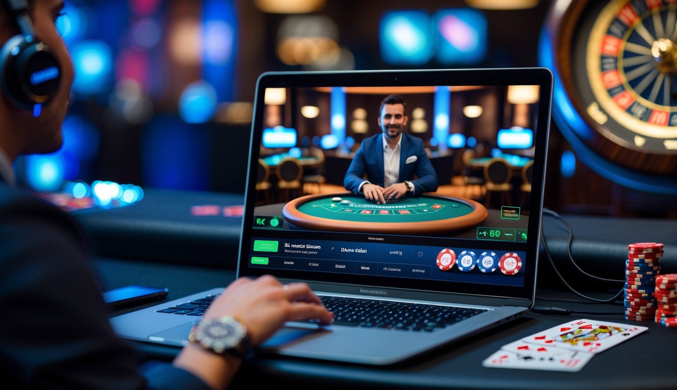 Seseorang menonton siaran langsung kasino online dengan dealer nyata di layar komputer.