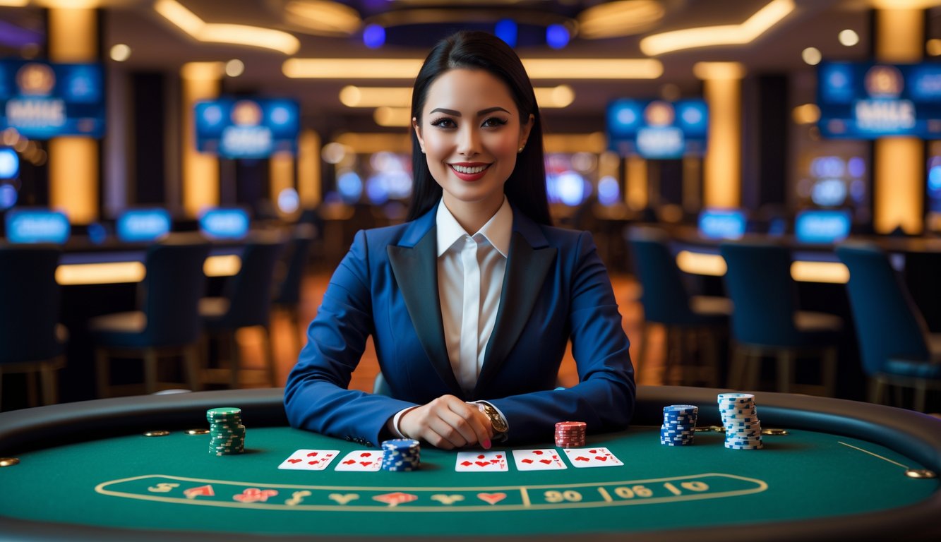 Seorang dealer profesional di meja kasino dengan kartu dan chip, berinteraksi dalam permainan kasino langsung.