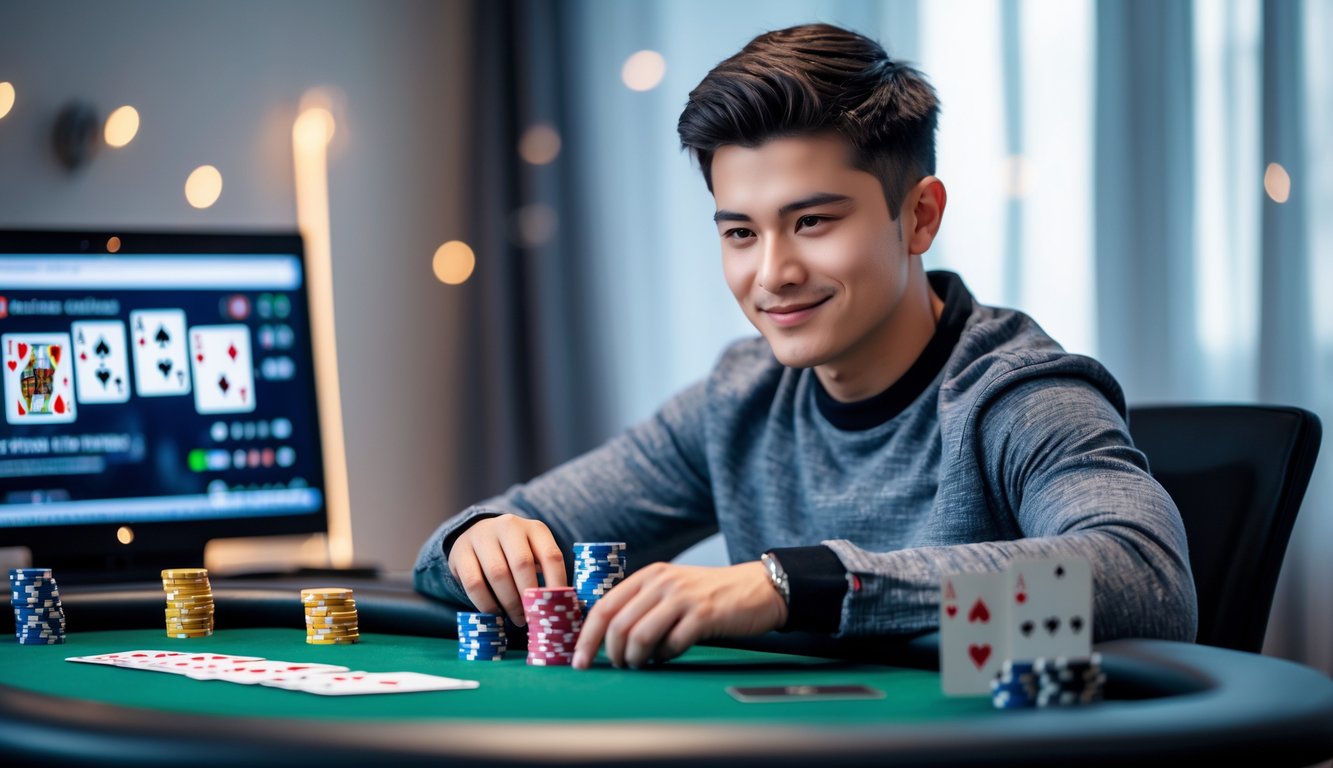 Seorang pria muda duduk di meja poker dengan tumpukan chip kecil, fokus melihat kartu di tangannya, di ruangan dengan pencahayaan alami.