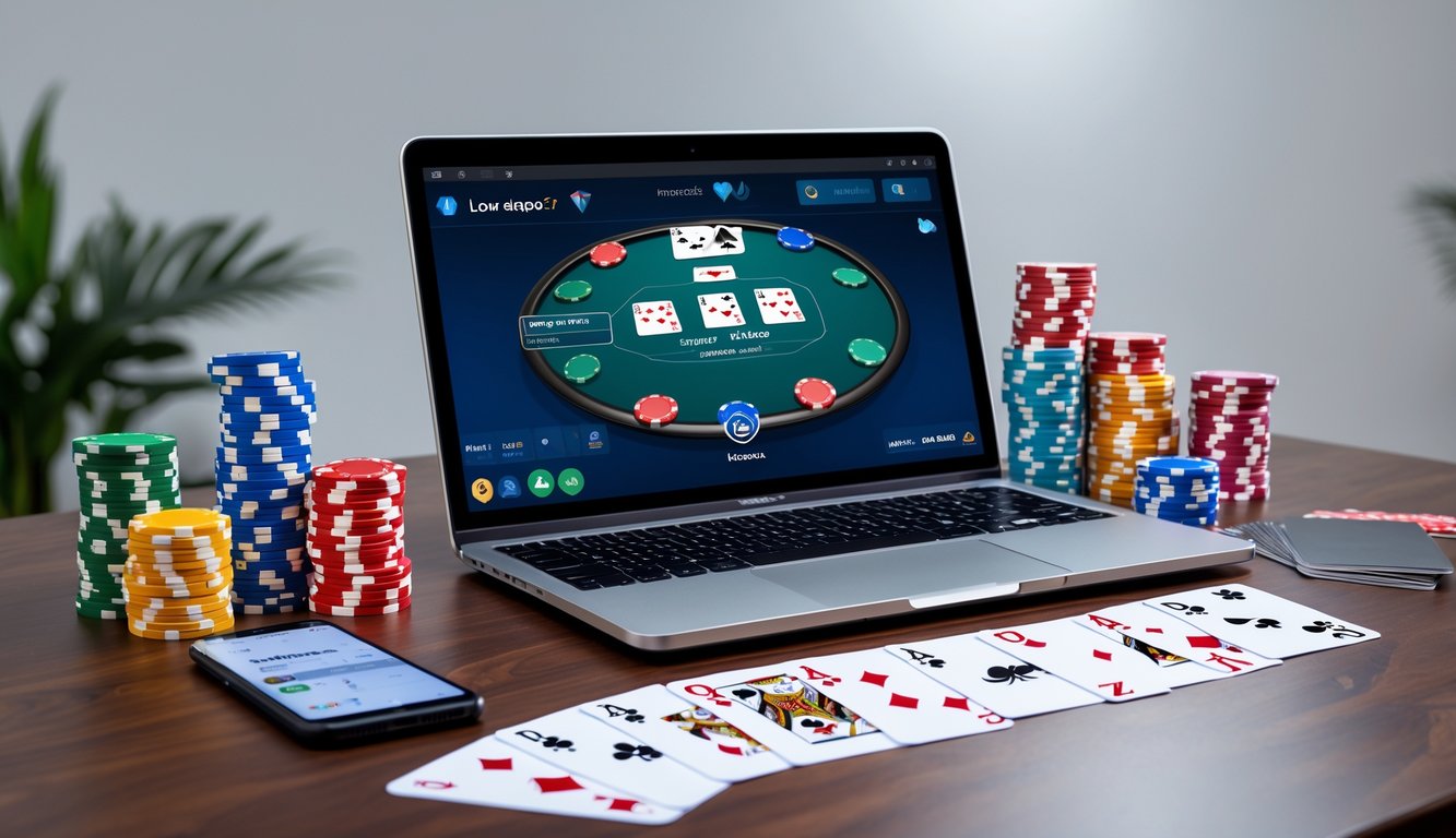 Seseorang bermain poker online dengan laptop, chip poker, kartu, dan ponsel di atas meja kayu.