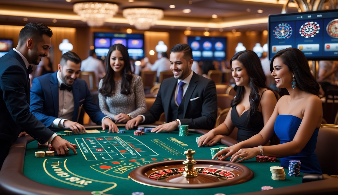 Beberapa pemain sedang bermain permainan meja kasino secara online dengan dealer di meja kasino yang elegan.