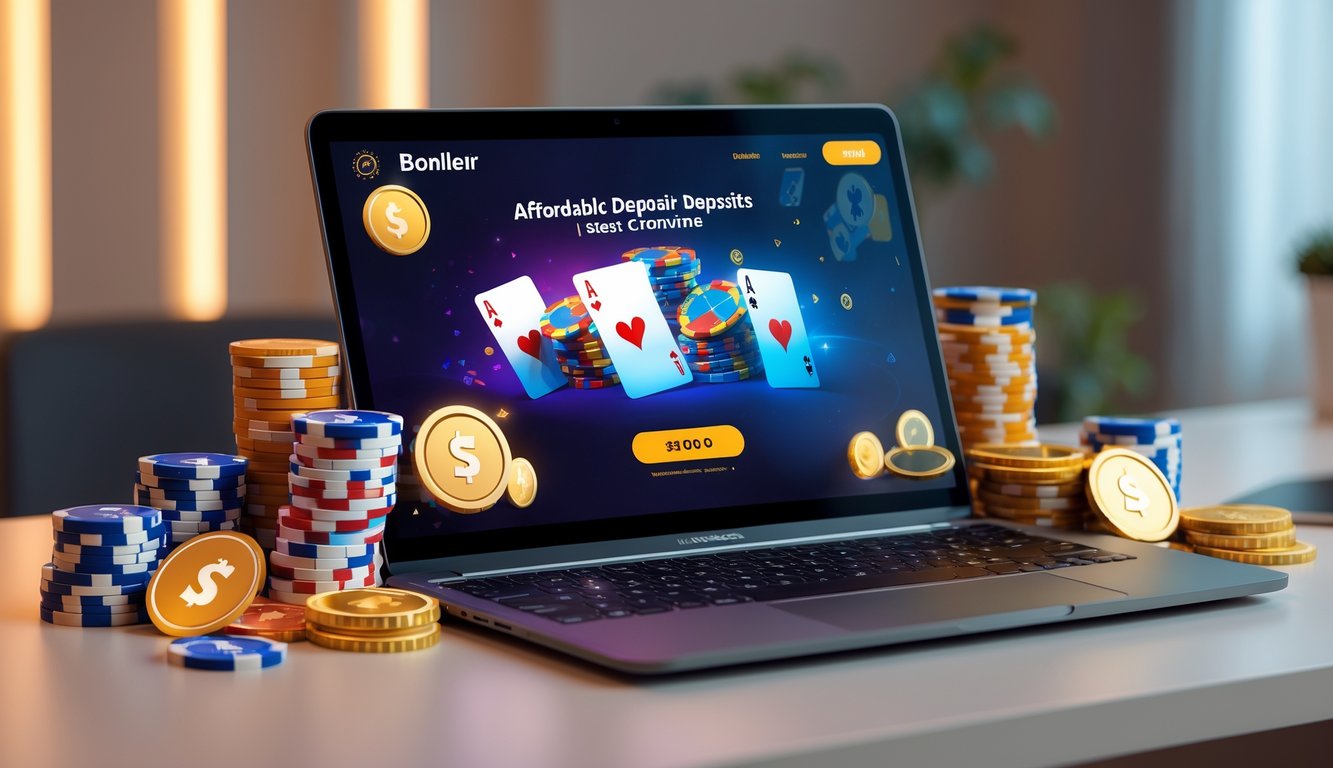 Sebuah meja dengan laptop yang menampilkan permainan poker online, dikelilingi oleh tumpukan chip poker dan koin, menggambarkan promosi dan bonus poker online dengan deposit murah.