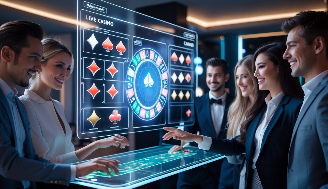 Orang-orang sedang menggunakan platform permainan judi live casino online dengan antarmuka digital modern.