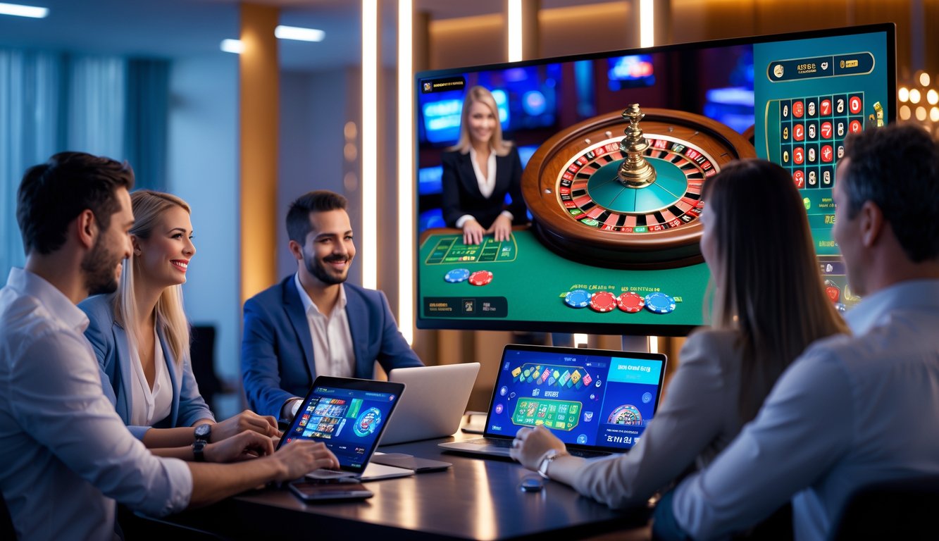 Beberapa orang bermain judi kasino langsung secara online menggunakan perangkat digital di ruangan modern yang terang.