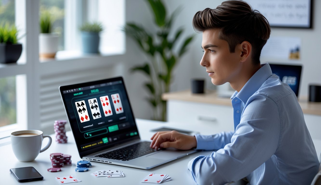 Seseorang duduk di meja dengan laptop yang menampilkan permainan poker online, dikelilingi chip poker dan kartu bermain, menunjukkan suasana bermain poker online dengan aman dan terencana.