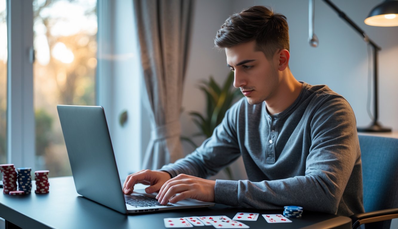 Seorang pria muda duduk di meja dengan laptop, fokus bermain poker online di ruang kerja yang nyaman dan terang.