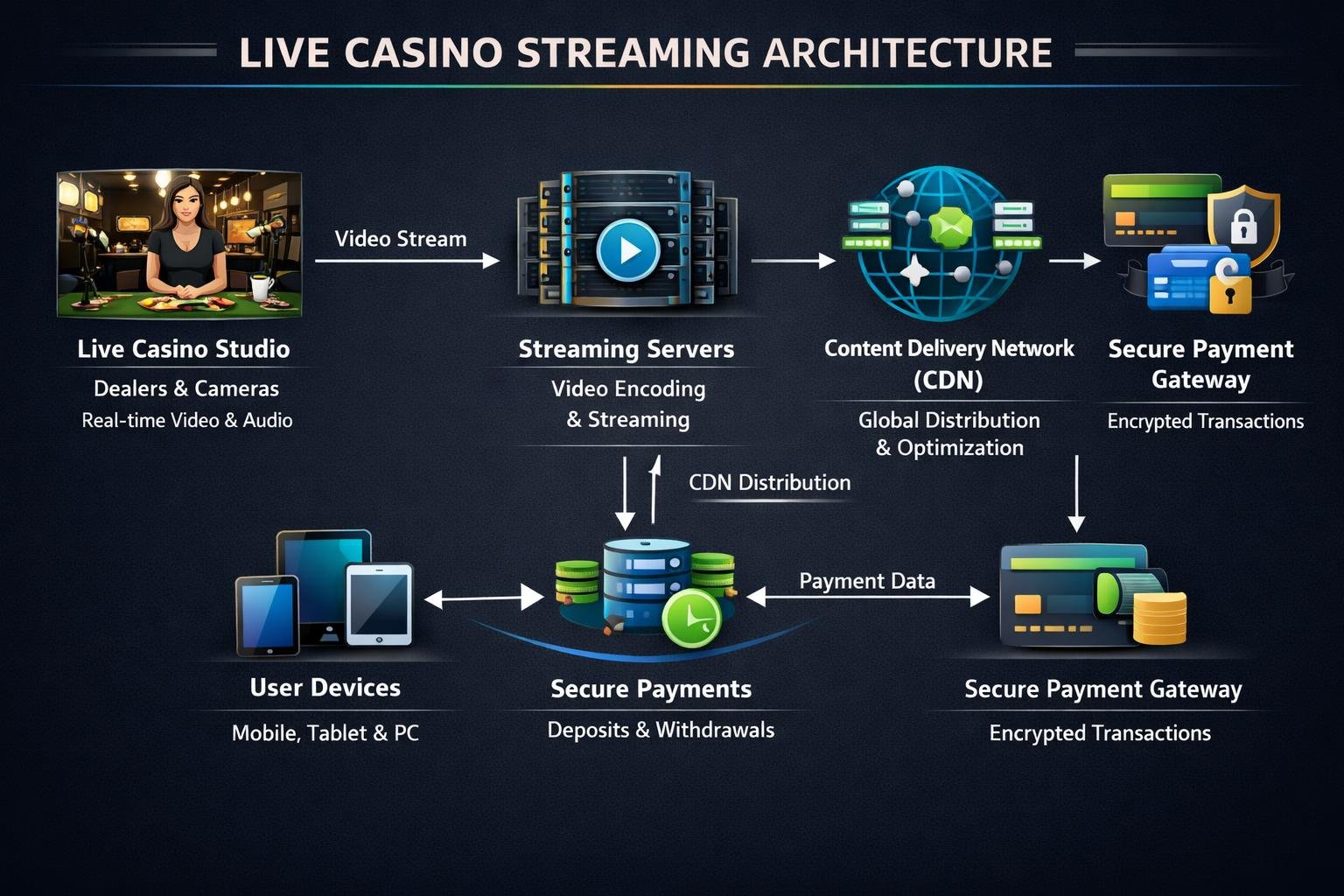 A Control Room With Servers, Digital Interfaces Showing Live Casino Game Video Feeds, And Visual Elements Representing Data Transmission And Secure Streaming.