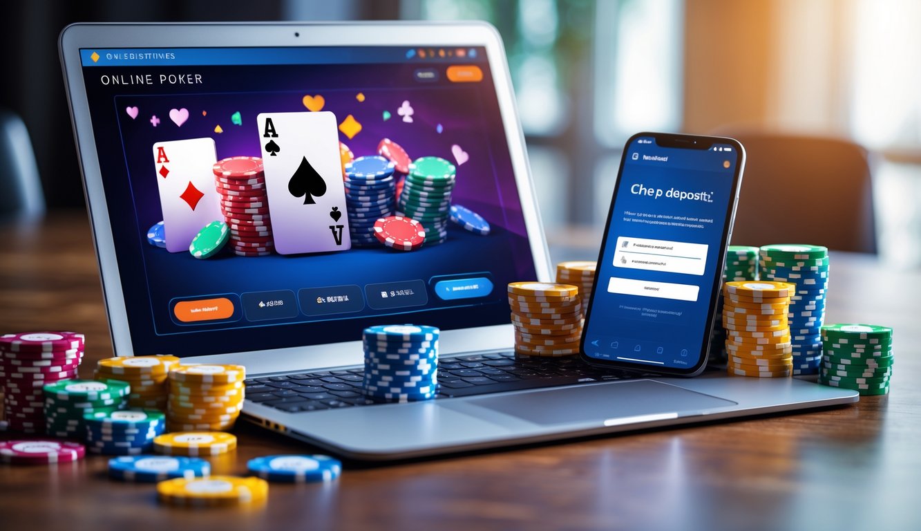 Seorang pemain poker online menggunakan laptop dan ponsel dengan tumpukan chip poker di meja.