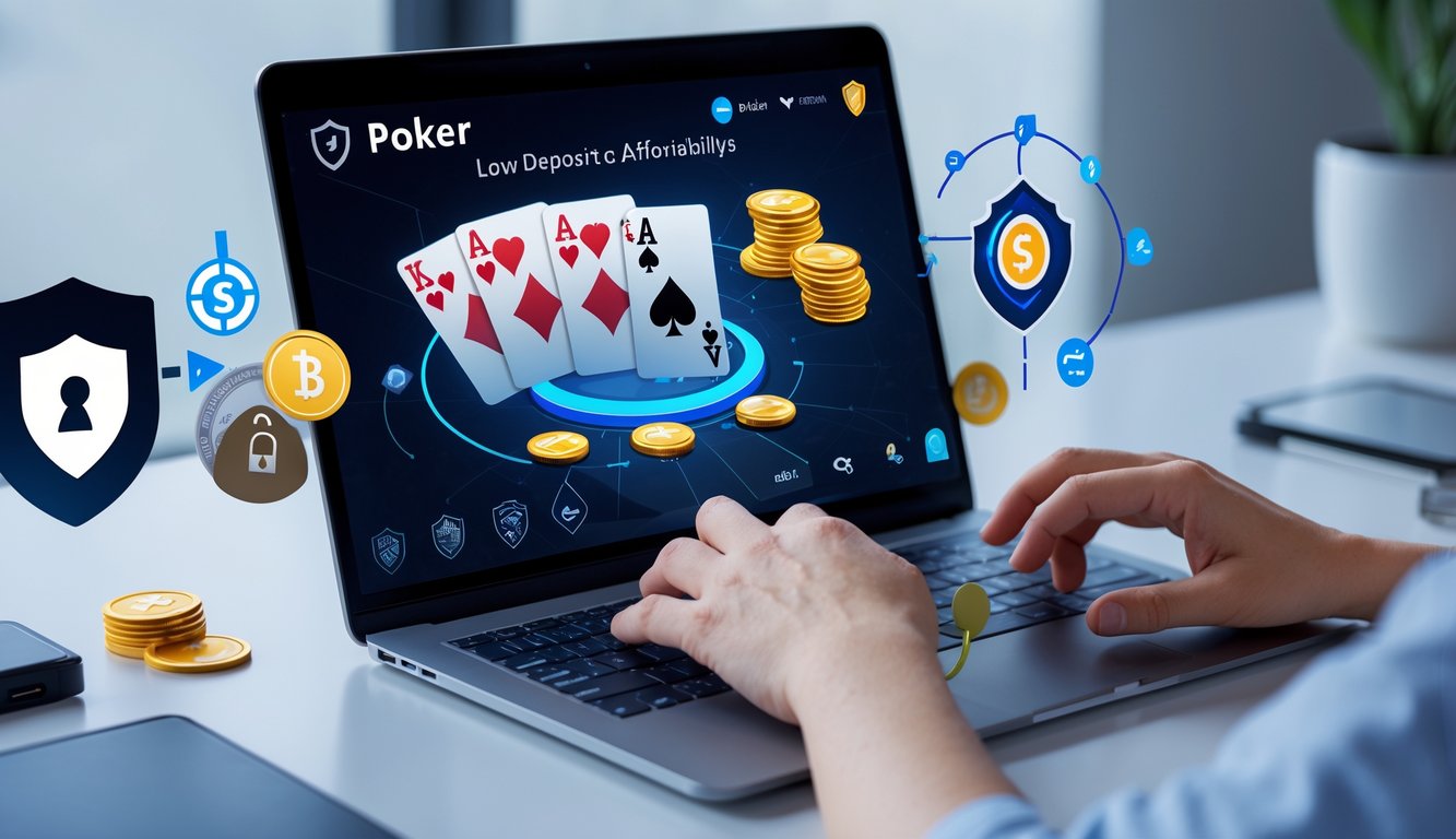 Seseorang menggunakan komputer dengan tampilan permainan poker online dan simbol keamanan di sekitarnya.