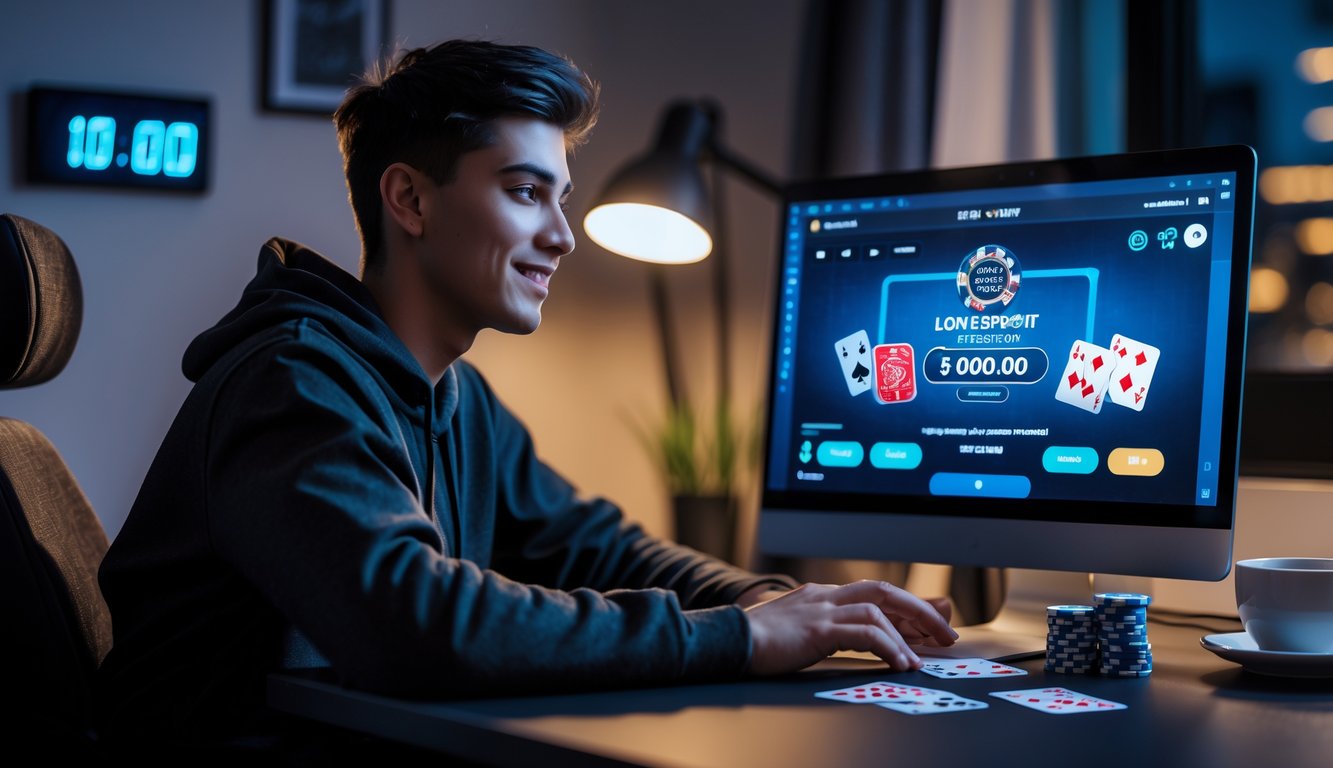 Seorang dewasa muda duduk di meja dengan laptop, kartu poker, dan chip, fokus bermain poker online di ruangan yang nyaman dan terang.