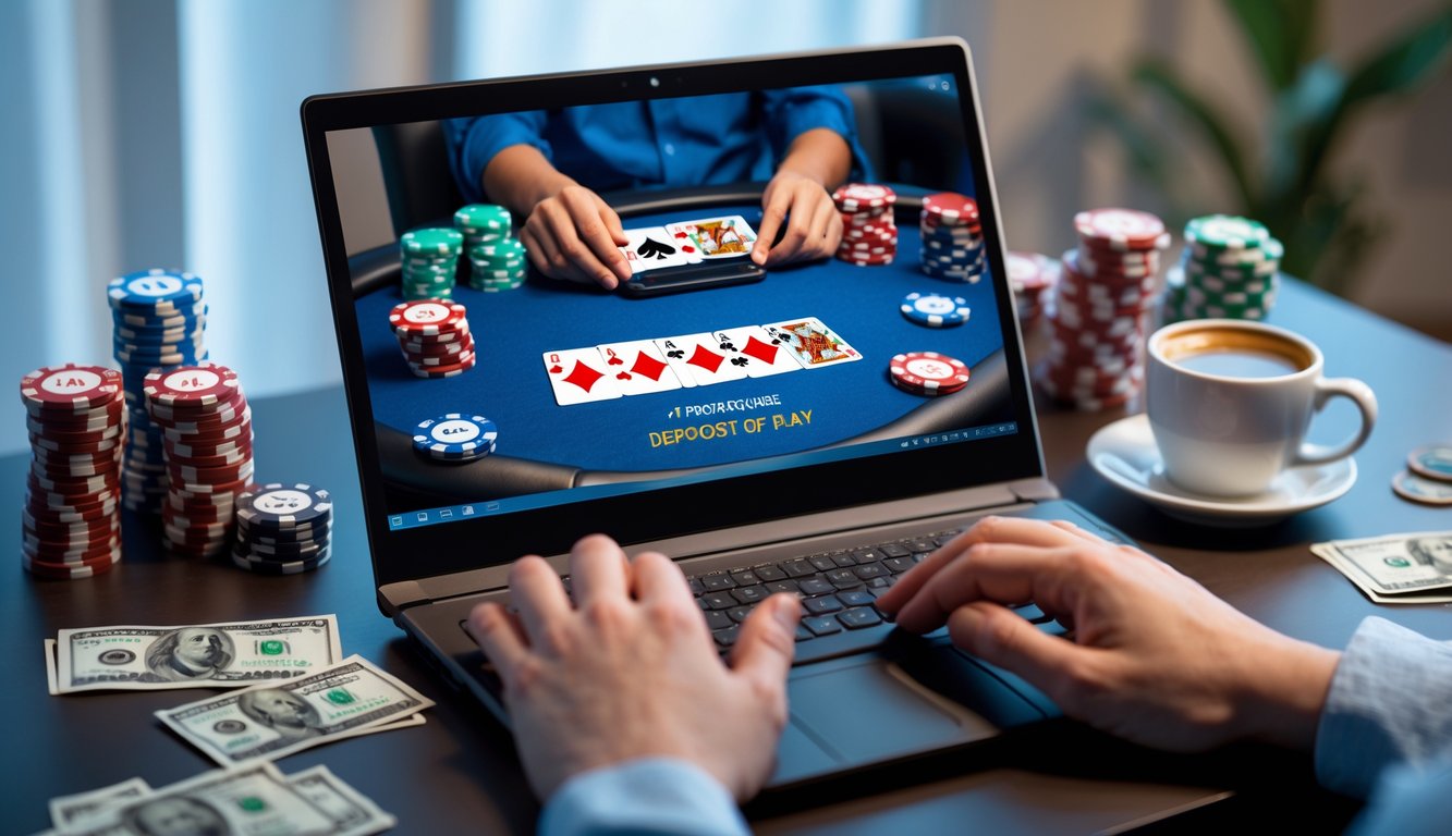 Seorang pemain poker online sedang fokus bermain di depan komputer dengan kartu dan chip poker di layar, di ruangan dengan pencahayaan hangat.