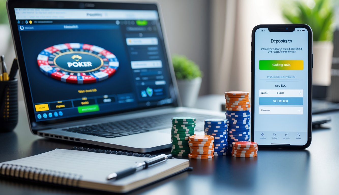 Meja kerja dengan laptop menampilkan permainan poker online, tumpukan chip poker, dan ponsel yang menunjukkan konfirmasi deposit.