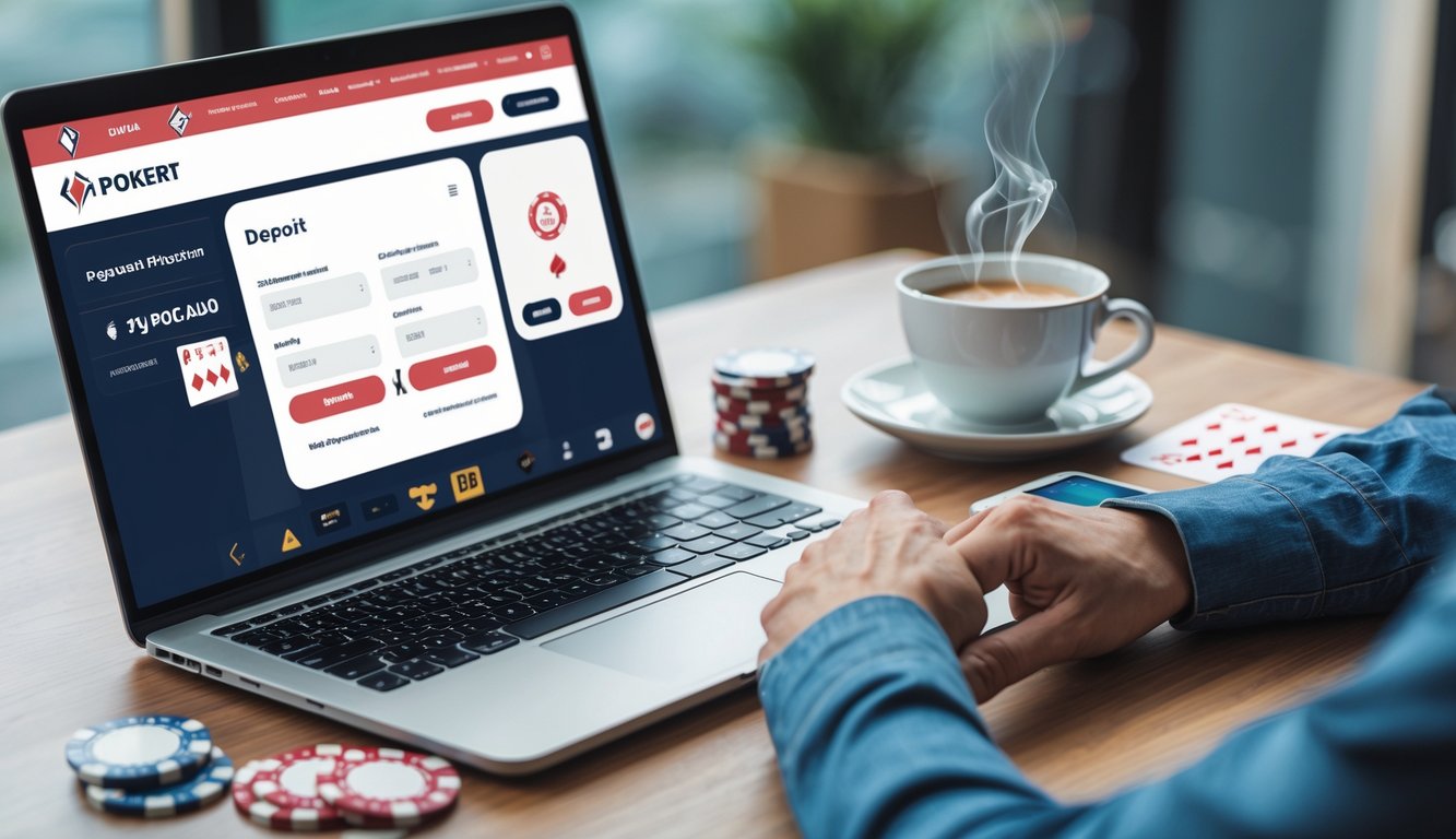 Meja kerja dengan laptop dan ponsel yang menampilkan situs poker online, dikelilingi chip poker, kartu remi, dan secangkir kopi.