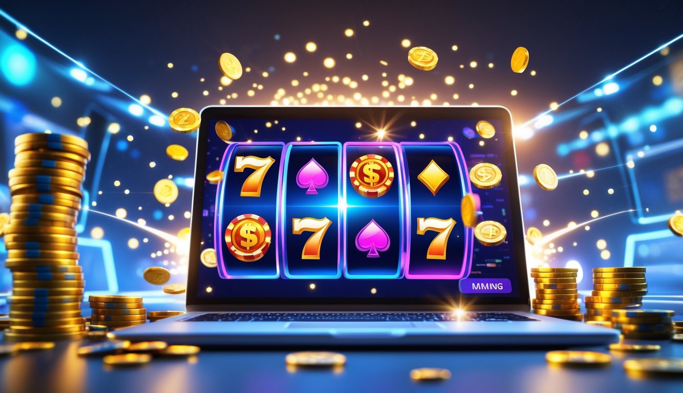Layar komputer menampilkan permainan mesin slot yang berwarna-warni dengan simbol cerah, dikelilingi tumpukan chip poker dan koin emas, menggambarkan suasana kasino online yang menarik.