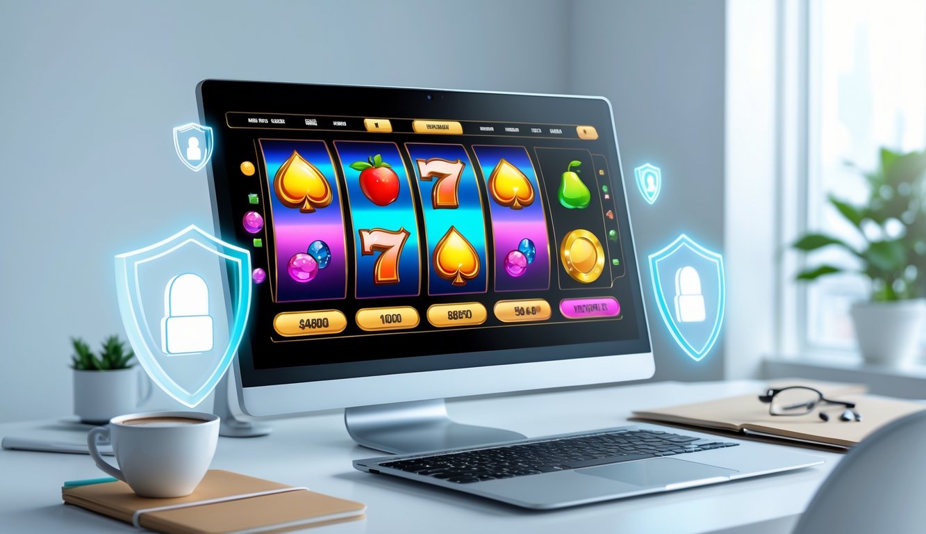 Seseorang menggunakan komputer dengan layar menampilkan permainan slot online yang berwarna-warni, di meja kerja yang rapi dengan kopi dan buku catatan.