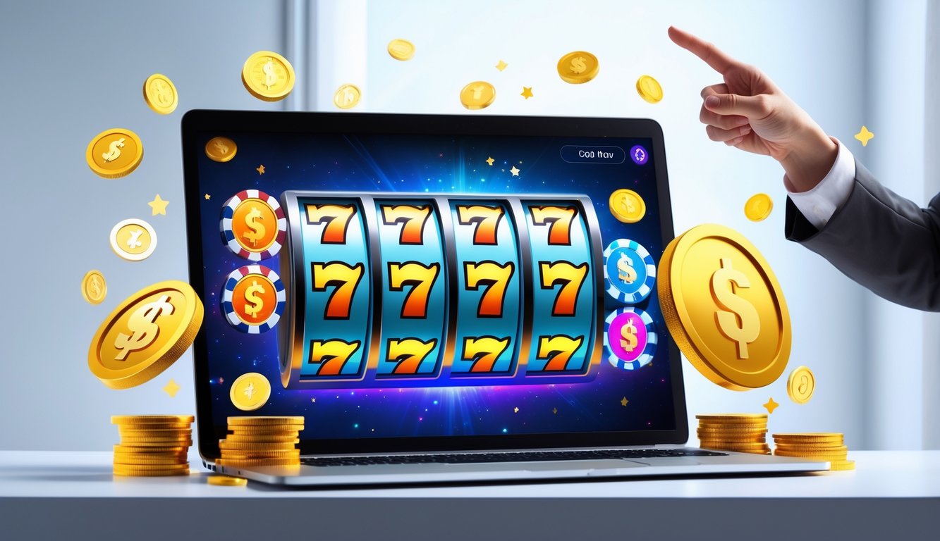 Seseorang menggunakan komputer dengan layar menampilkan permainan slot online yang penuh warna dan simbol kemenangan.