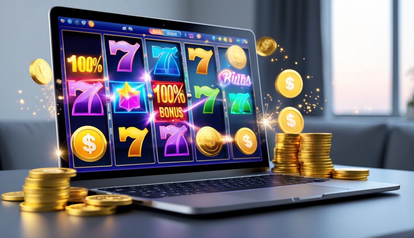 Seorang pemain menggunakan komputer dengan tampilan mesin slot online yang berwarna-warni dan koin emas berkilauan di sekitarnya.