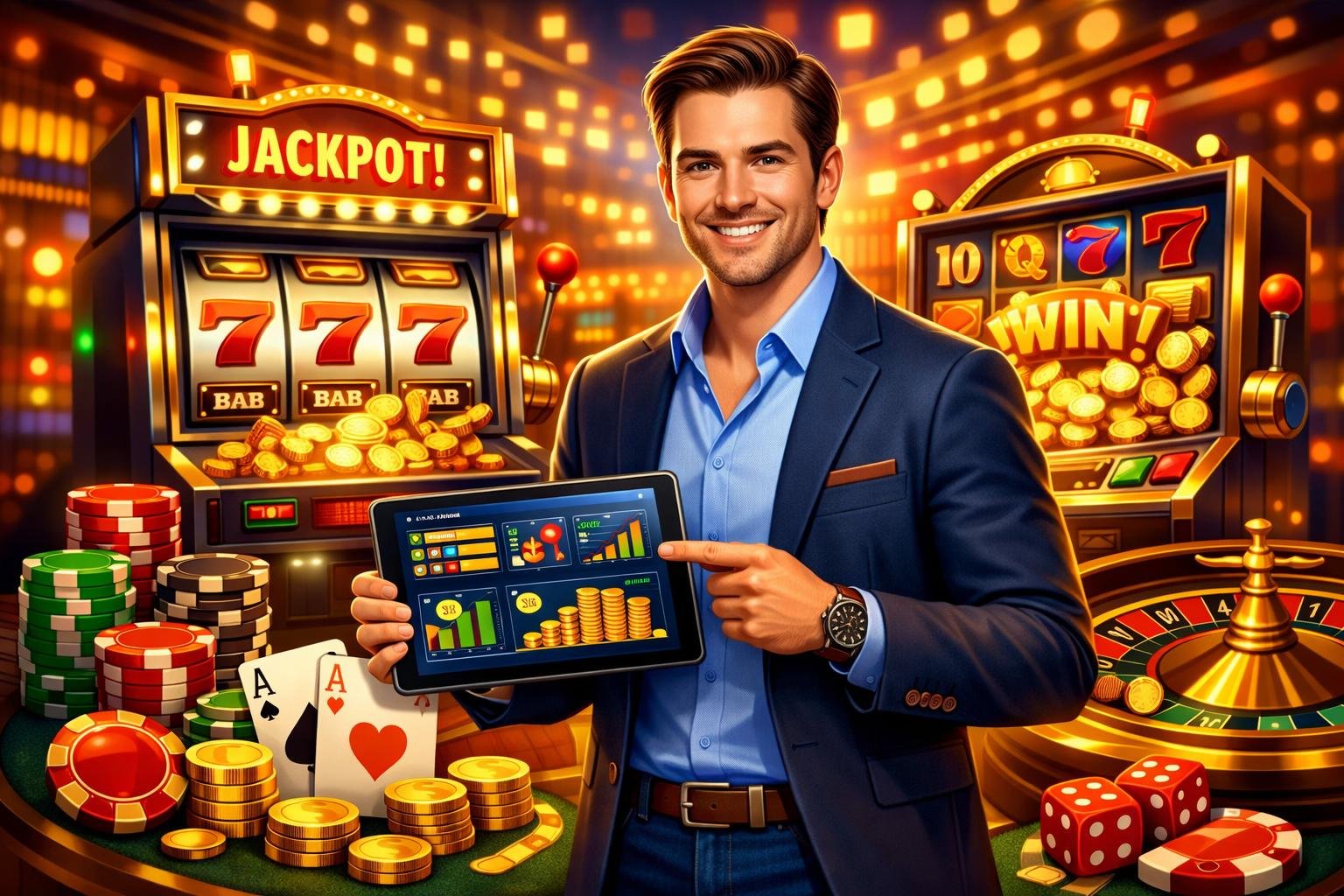 A Casino Scene With Slot Machines, Poker Chips, Playing Cards, Dice, And A Guide Holding A Tablet In A Lively Environment.