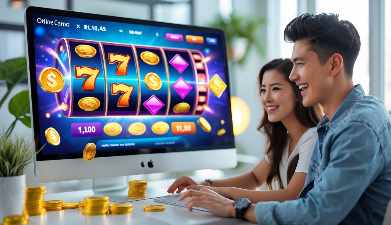 Dua orang muda duduk bersama di depan komputer yang menampilkan permainan mesin slot online dengan koin emas dan simbol jackpot yang berwarna-warni.