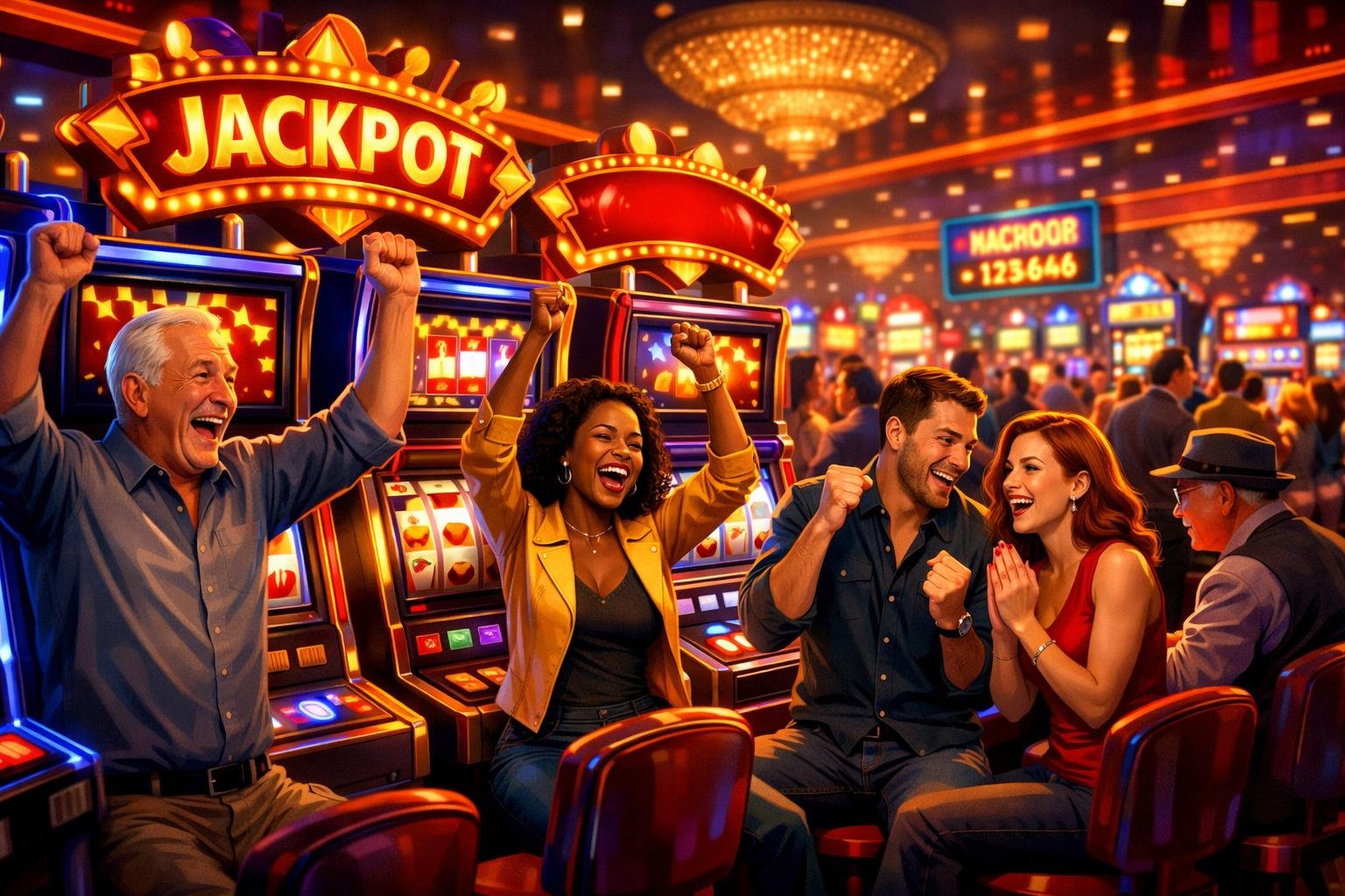 A Lively Casino Scene With People Playing Slot Machines And Celebrating Jackpot Wins.