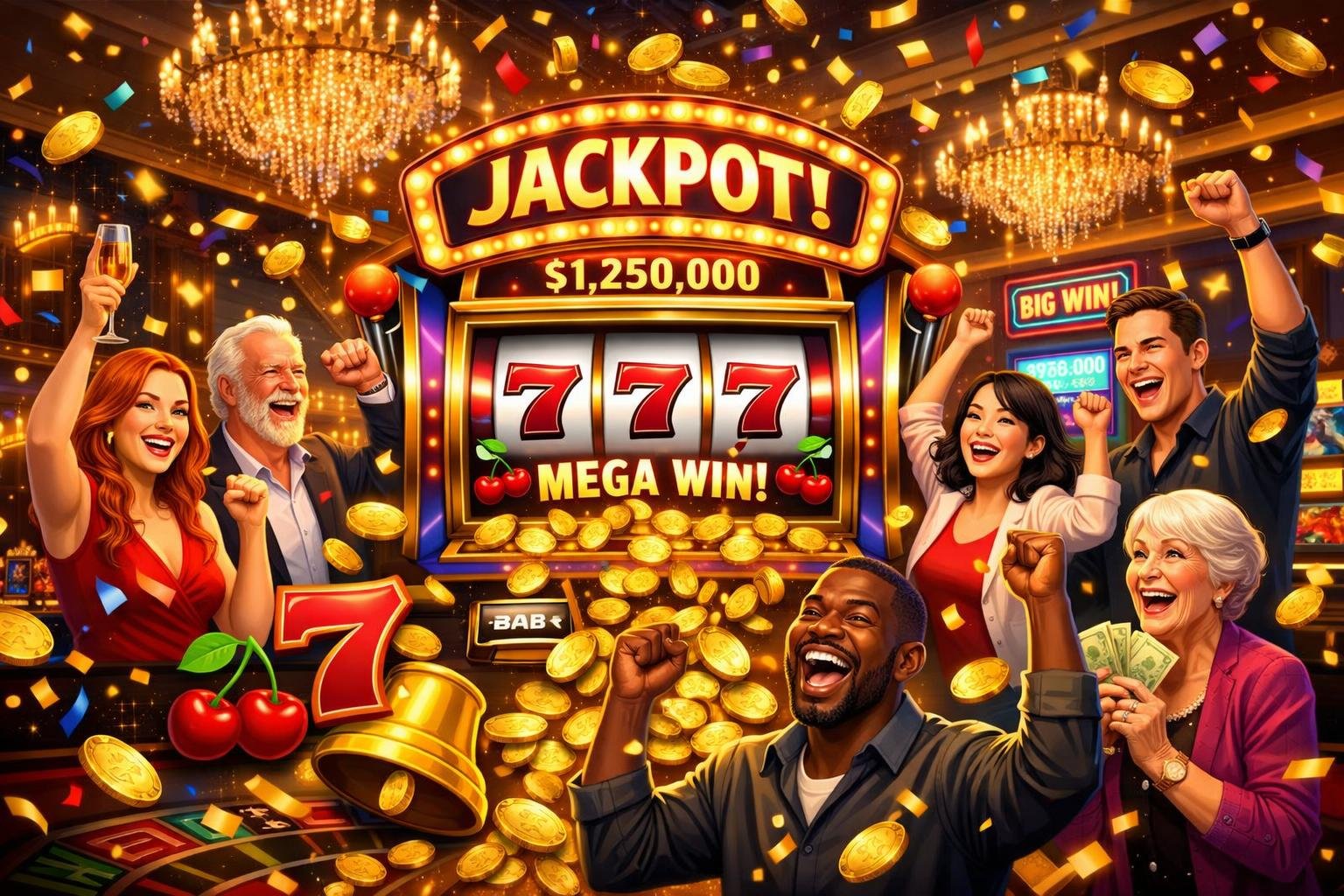 A Group Of Diverse Players Celebrating Wins Around A Glowing Jackpot Slot Machine Inside A Casino.