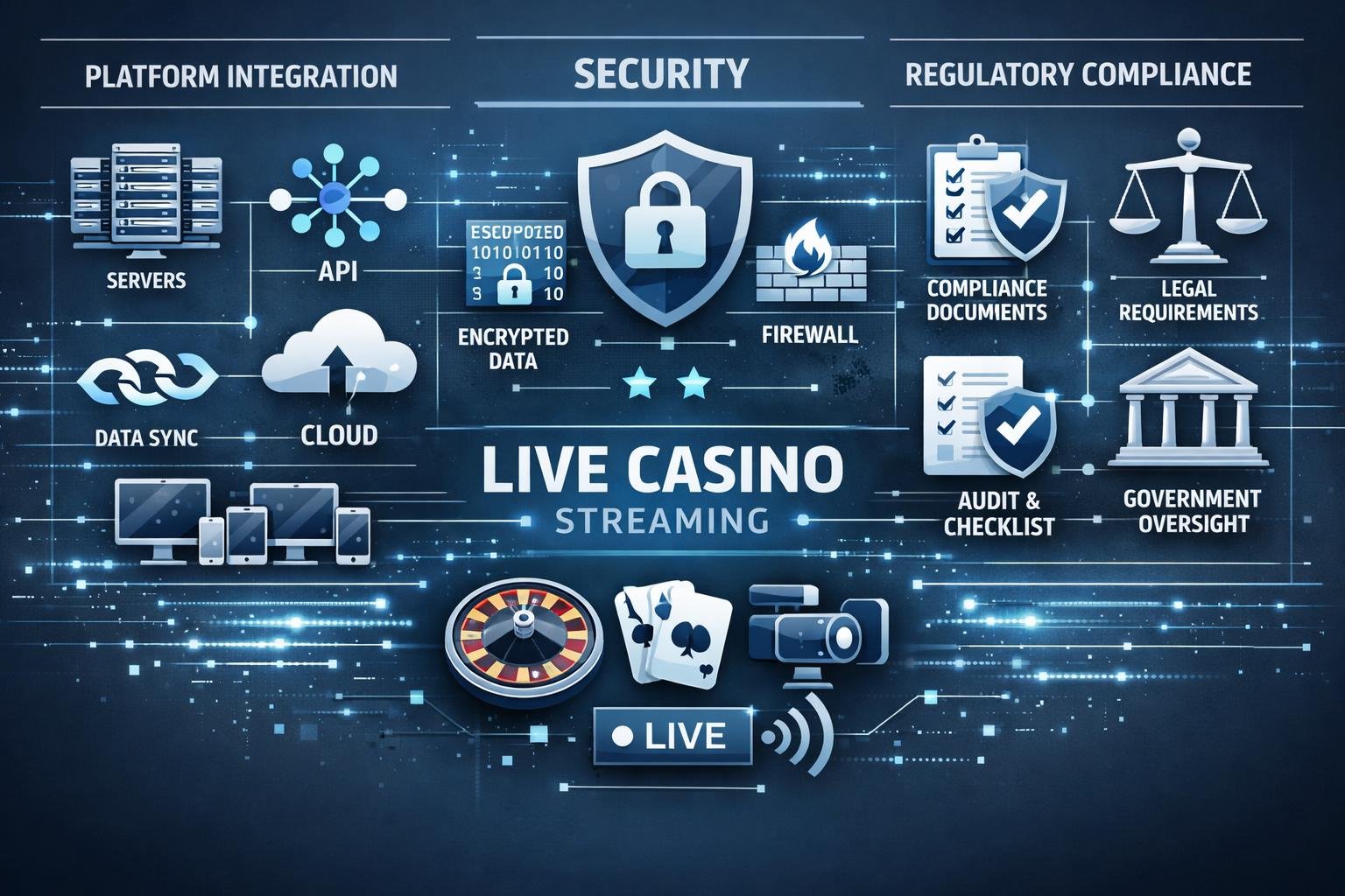 A Digital Control Center Showing Live Casino Streams, Secure Servers With Lock Icons, Interconnected Networks, And Symbols Representing Regulatory Compliance.