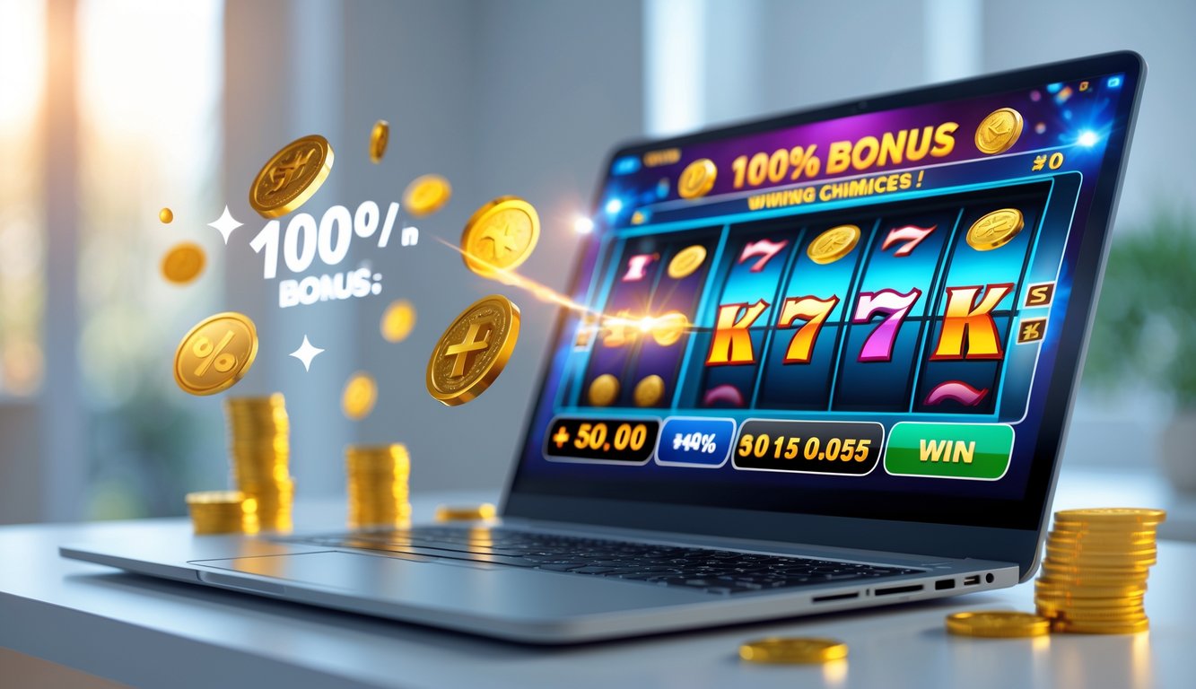 Seorang pengguna sedang bermain mesin slot online di komputer dengan koin dan simbol kemenangan di sekitar layar.