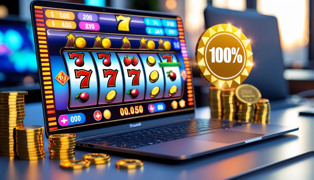 Sebuah komputer dengan layar menampilkan permainan slot online berwarna cerah, dikelilingi oleh tumpukan chip kasino dan koin emas yang bersinar.