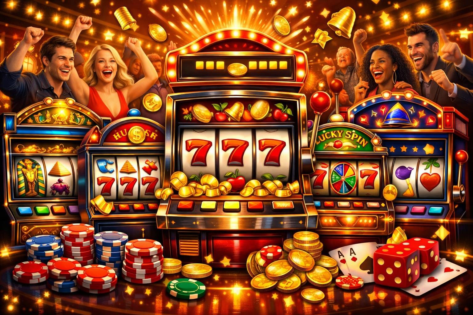 A Lively Casino Scene Showing Various Slot Machines With Jackpot Symbols And People Celebrating Wins.