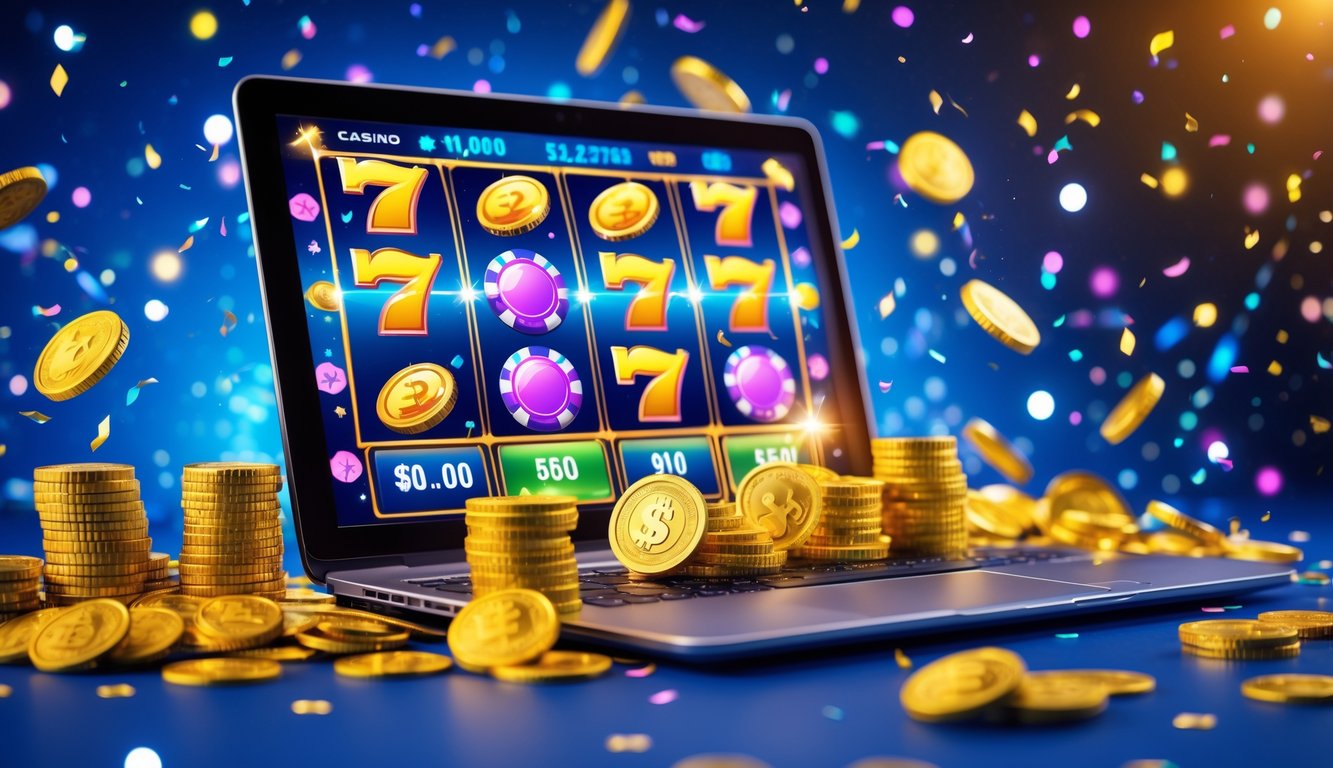Sebuah laptop menampilkan permainan mesin slot online dengan koin emas dan chip poker di sekitarnya, menciptakan suasana kemenangan dan kegembiraan.