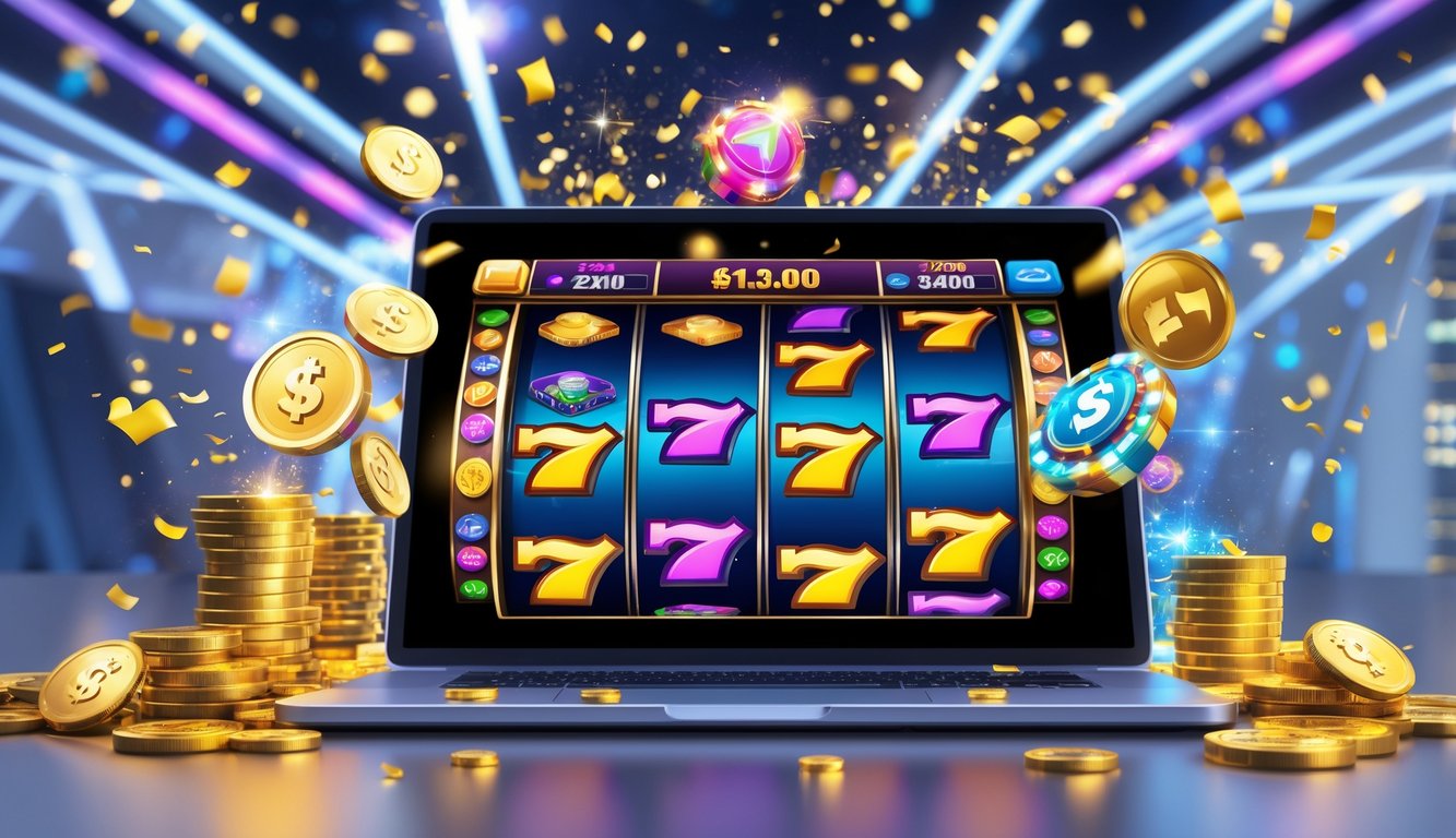 Sebuah laptop menampilkan mesin slot online dengan koin emas dan ikon bonus di sekitarnya, menggambarkan permainan slot online dan promosi bonus.