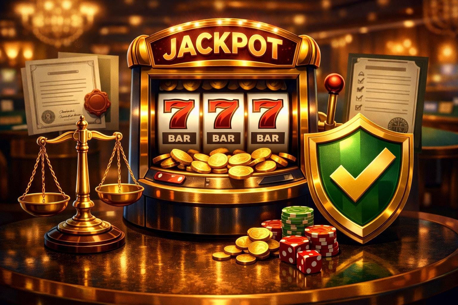 A Casino Scene Showing A Jackpot Slot Machine Surrounded By Symbols Of Fairness And Licensing Like A Balanced Scale, Shield With A Checkmark, And Official Certificates.