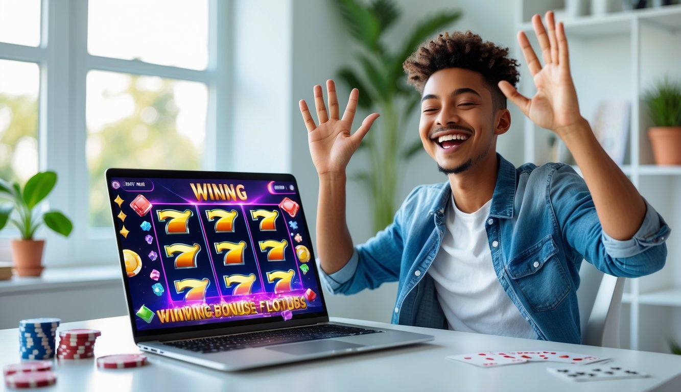 Seorang dewasa muda tersenyum gembira di depan laptop dengan tampilan permainan slot online, di meja kerja di ruangan yang terang dan rapi.