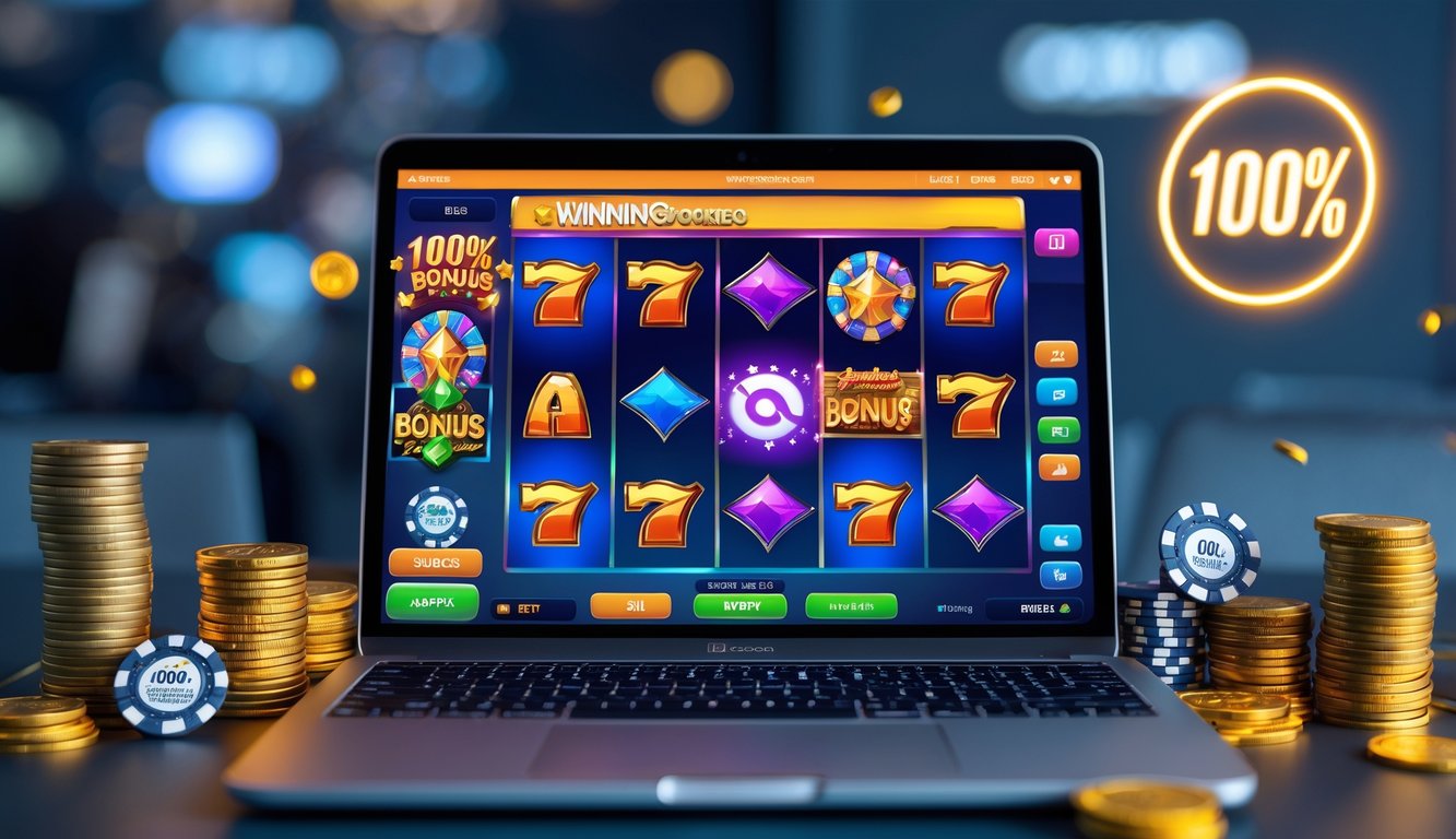 Sebuah komputer dengan layar menampilkan permainan slot online yang berwarna-warni, dikelilingi tumpukan koin dan chip kasino.