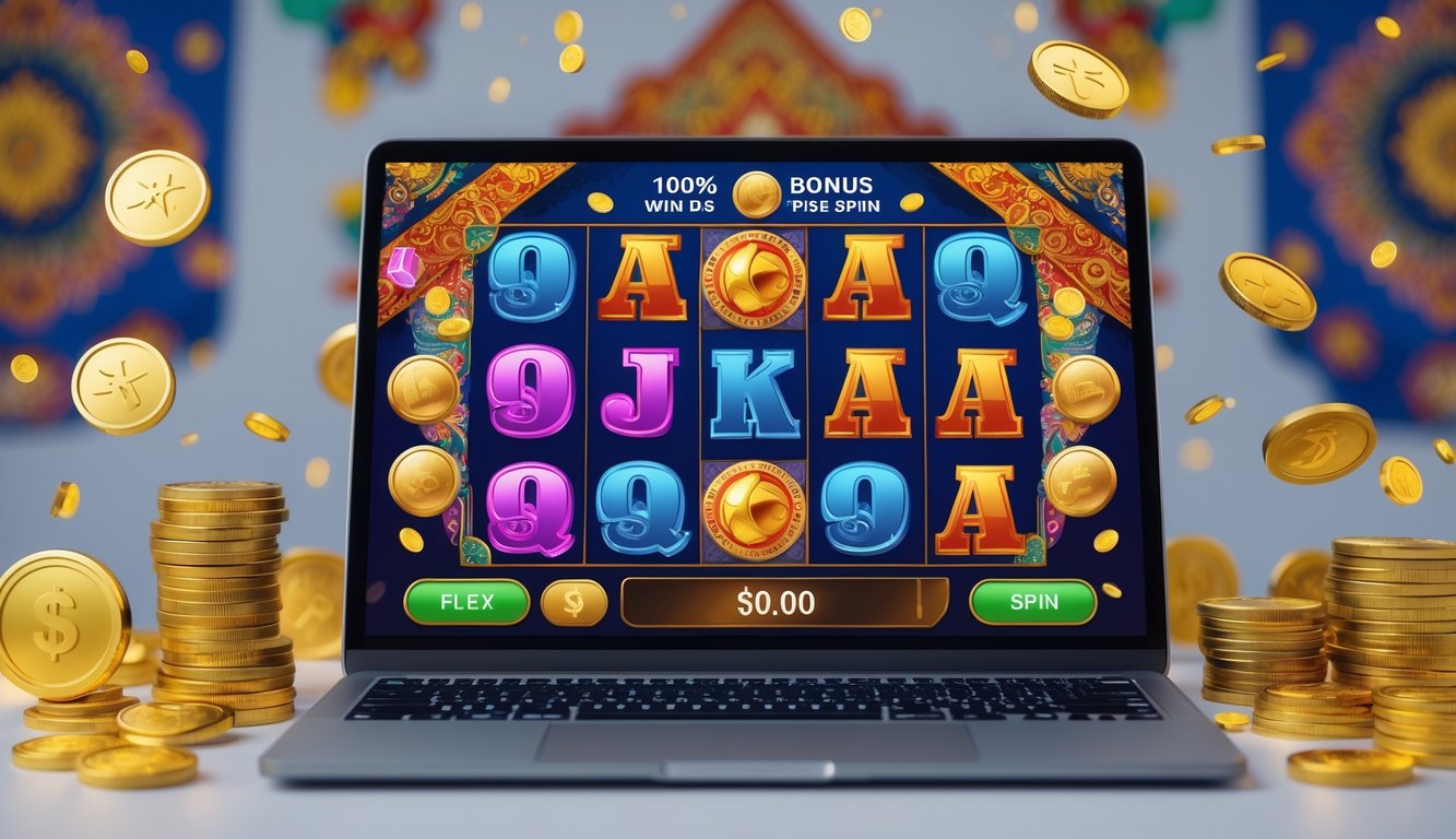 Seorang pengguna komputer sedang bermain permainan slot online dengan layar menampilkan grafik mesin slot berwarna-warni dan elemen budaya Indonesia di latar belakang.