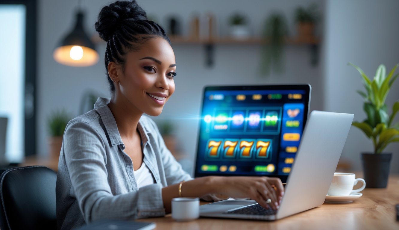 Seorang dewasa muda duduk di meja dengan laptop, terlihat fokus menggunakan permainan slot online di ruangan yang nyaman.
