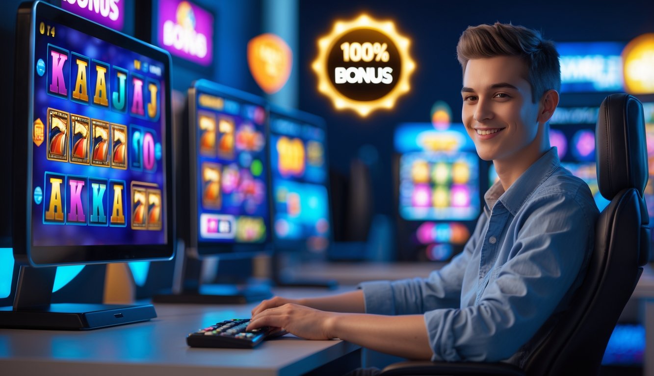 Seorang dewasa muda duduk di depan layar komputer menampilkan permainan slot online dengan suasana yang ramah dan aman.