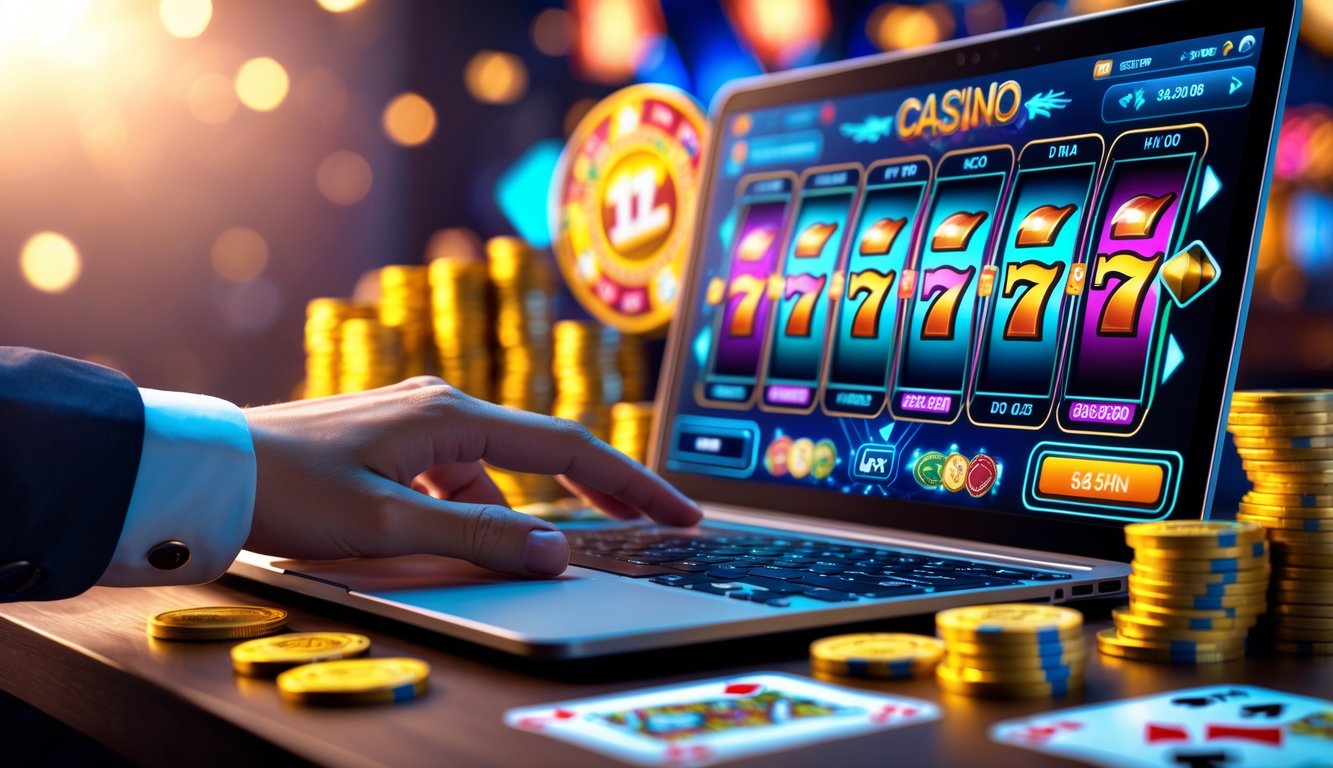 Seorang pengguna sedang bermain mesin slot online di laptop dengan tumpukan chip poker dan koin di meja.