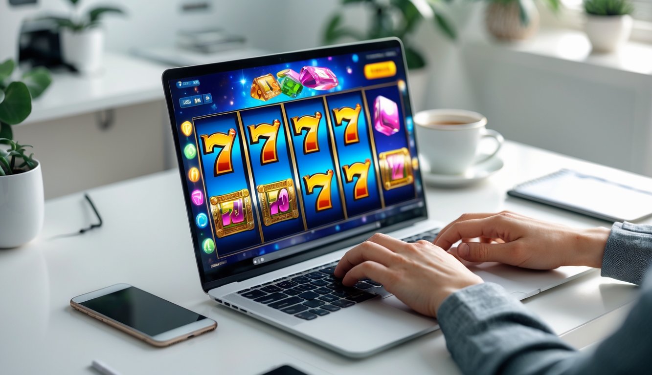 Seseorang menggunakan komputer dengan tampilan permainan slot online di layar dalam suasana kerja yang rapi.
