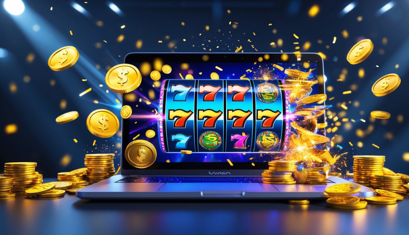Seorang pemain menggunakan komputer dengan layar menampilkan permainan slot online yang penuh warna dan efek kemenangan besar.