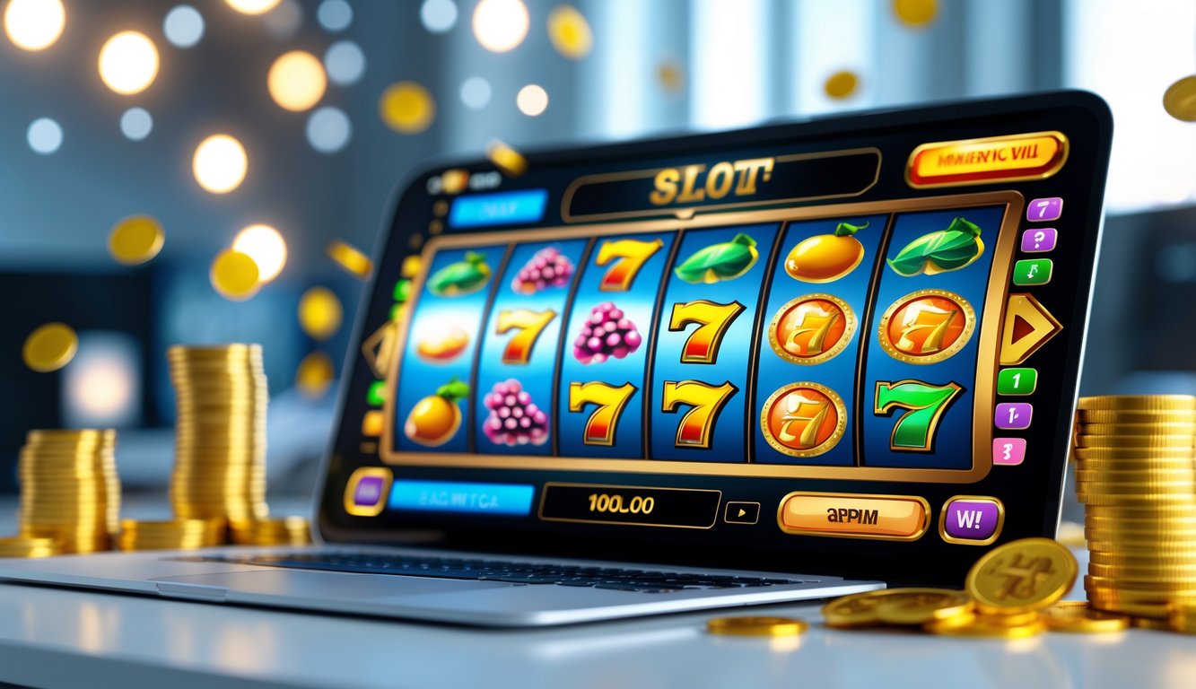 Layar perangkat digital menampilkan permainan slot online dengan simbol berwarna-warni dan koin emas di sekitarnya.