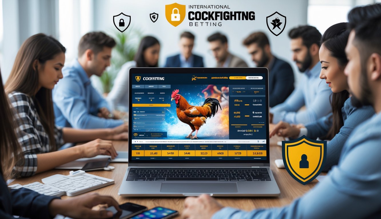 Orang-orang sedang menggunakan laptop dengan tampilan situs taruhan sabung ayam online di meja kerja yang rapi.