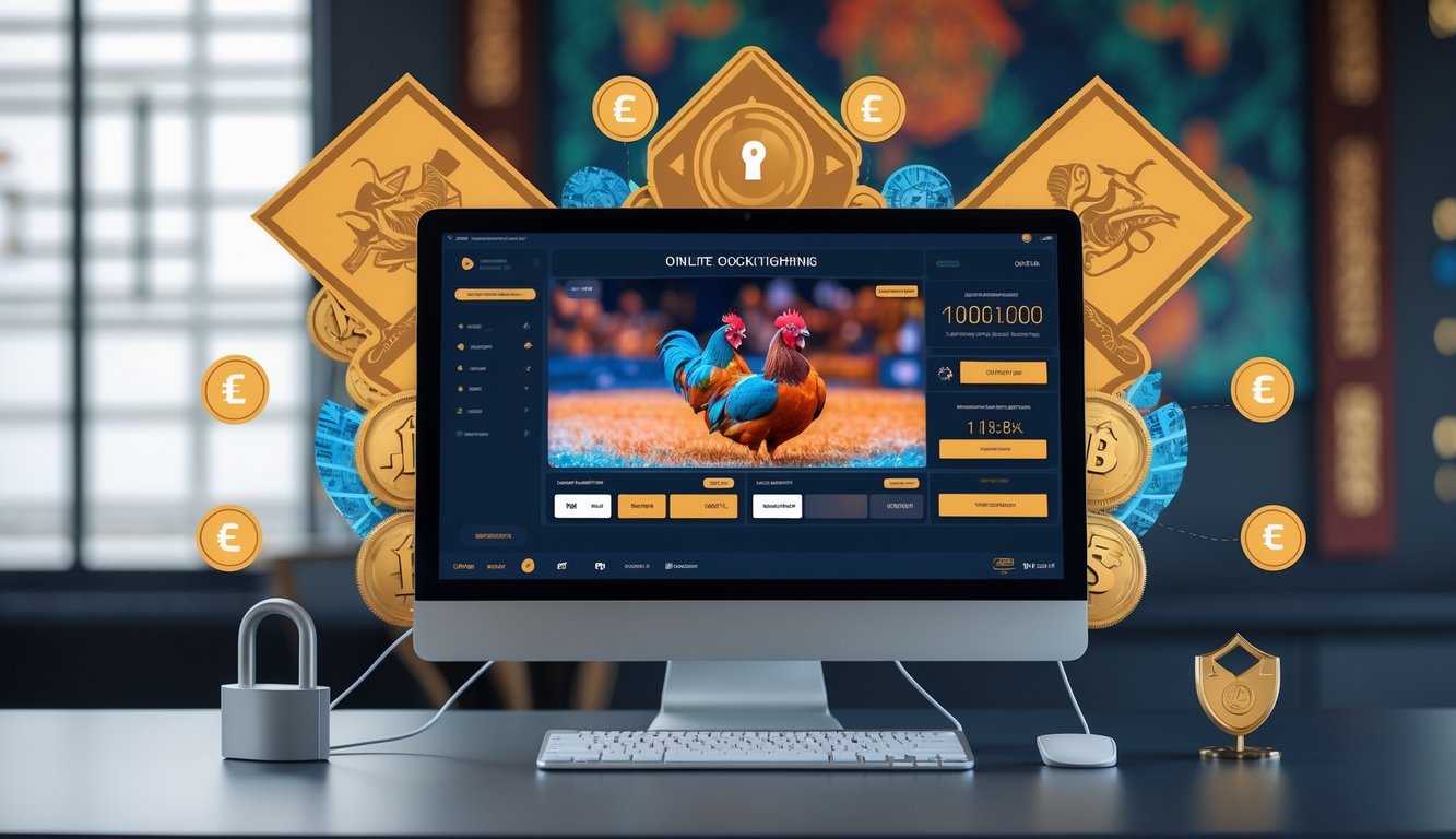 Seseorang menggunakan komputer dengan tampilan platform sabung ayam online, di meja kerja modern dengan elemen yang menunjukkan taruhan aman.