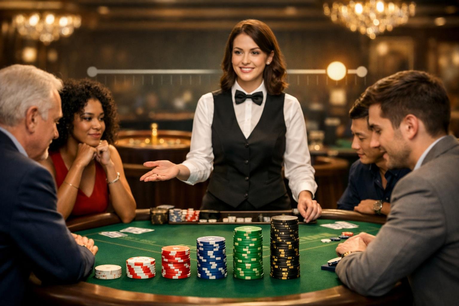 A Live Casino Scene With A Dealer And Players Around A Table With Stacked Chips Representing Different Betting Limits.