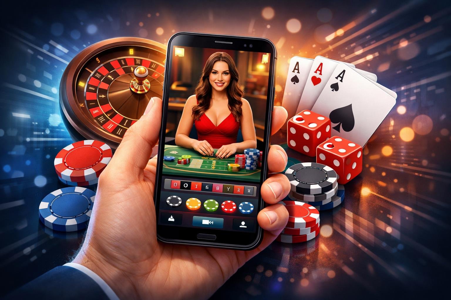 A Hand Holding A Smartphone Showing A Live Casino Game With A Dealer, Surrounded By Icons Of Casino Games Like Roulette, Cards, Chips, And Dice.