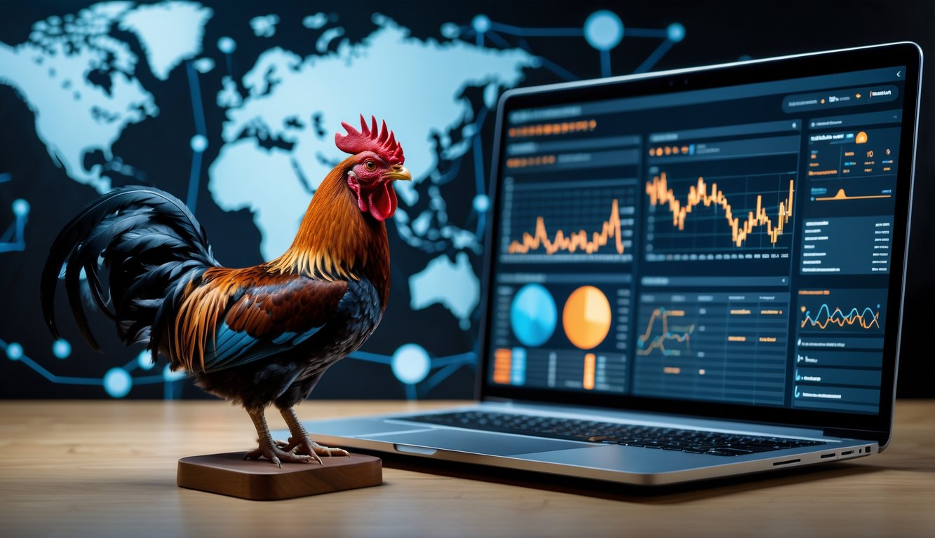Seekor ayam aduan berdiri di samping laptop yang menampilkan grafik analisis, dengan peta dunia dan garis jaringan di latar belakang.
