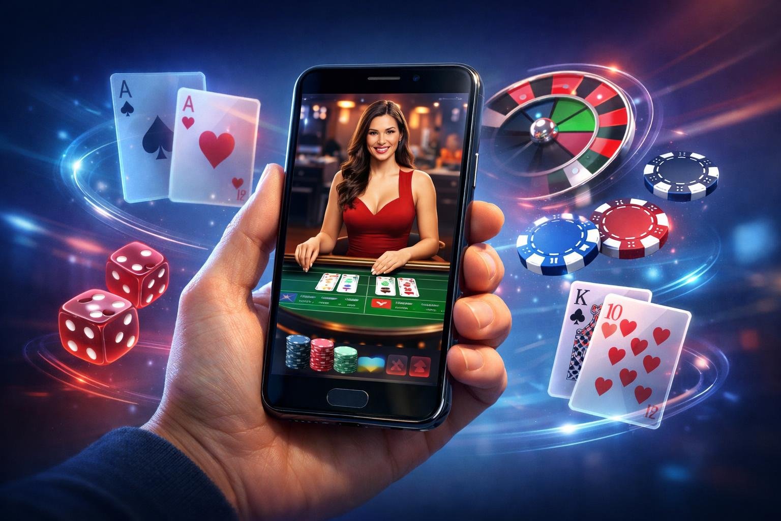 A Hand Holding A Smartphone Showing A Live Casino Game With A Dealer, Surrounded By Floating Playing Cards, Poker Chips, And Dice.